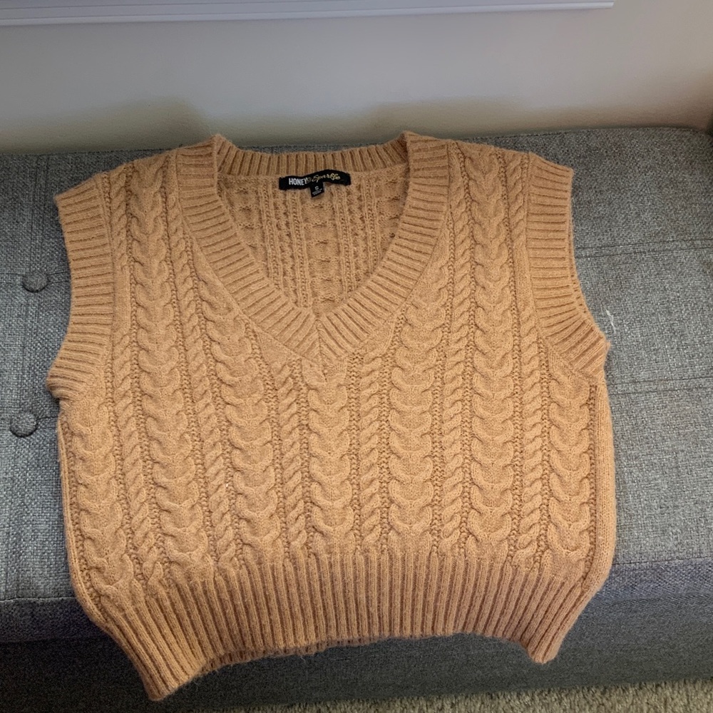 Tan Cable Knit V-Neck Sweater Vest